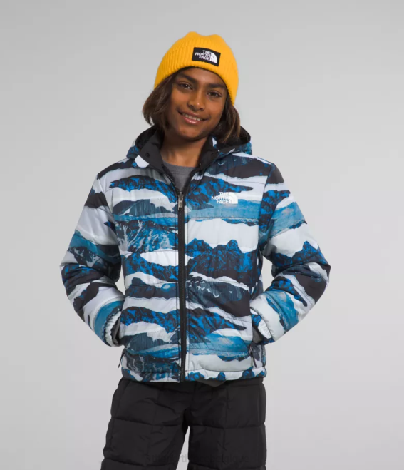 impression de traversée de montagne bleu optique enfants The North Face veste à capuche réversible à fermeture éclair intégrale mt chimbo 62XR80