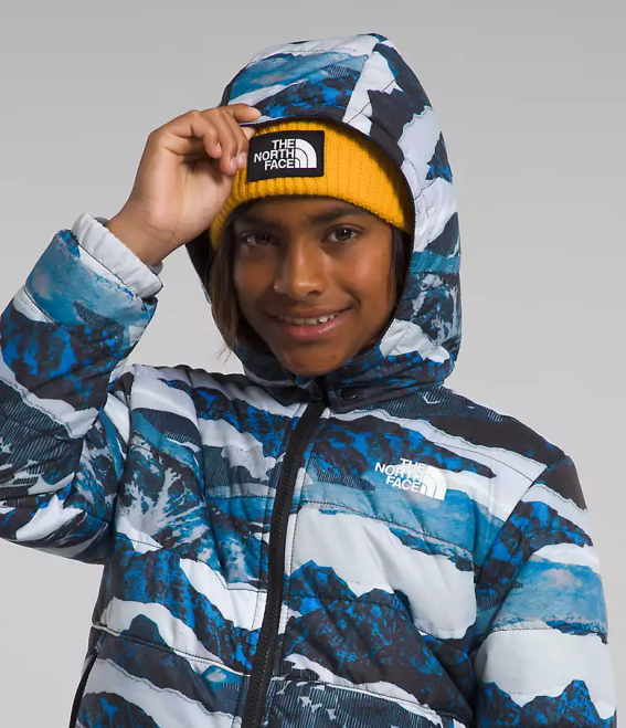 impression de traversée de montagne bleu optique enfants The North Face veste à capuche réversible à fermeture éclair intégrale mt chimbo 62XR80